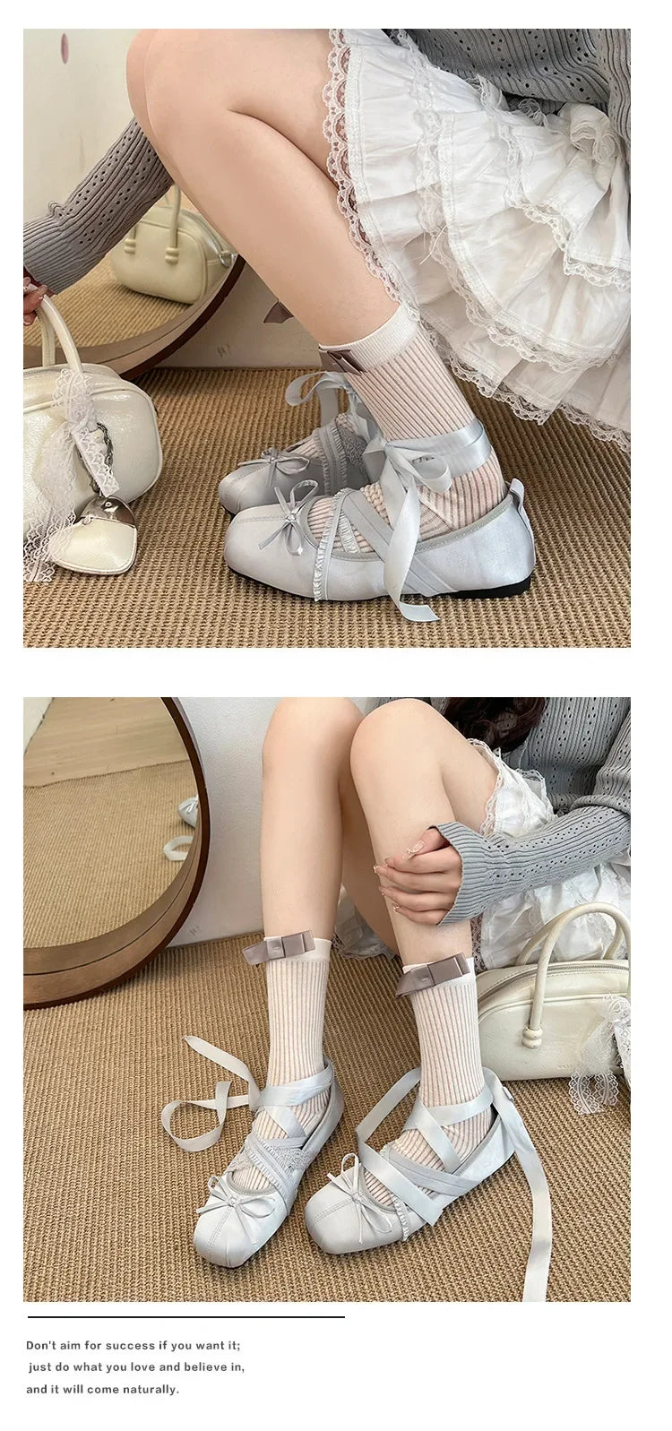 Women's gray satin ballet shoes with ribbon lace-up ties and square toe