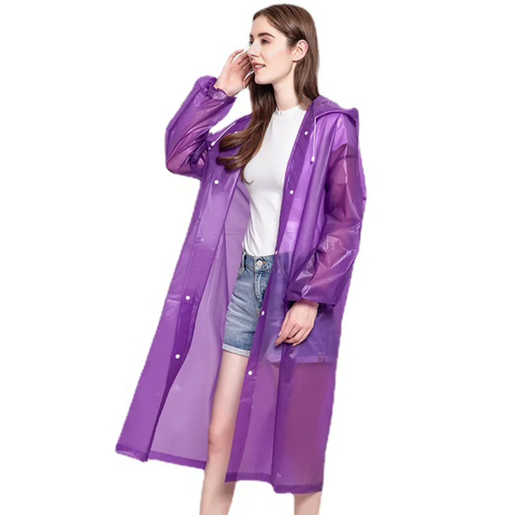 Purple hooded raincoat with snap-button front and loose full-length design