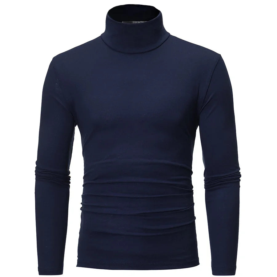 Men's slim-fit thermal shirt, dark navy, high neck, long sleeves
