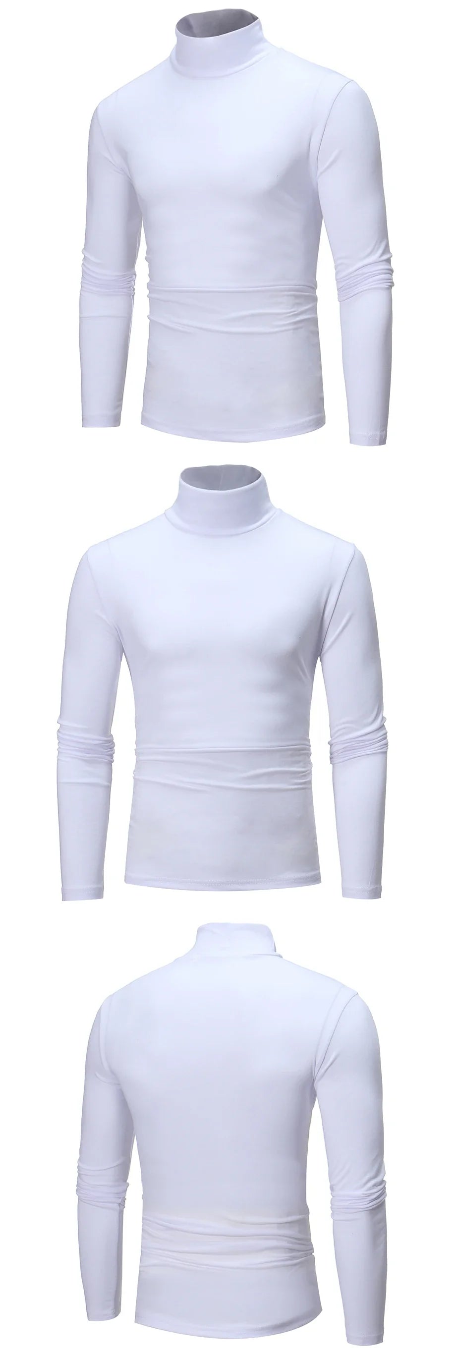 White slim-fit thermal shirt, high neck long sleeves with ruched waist; front and back views