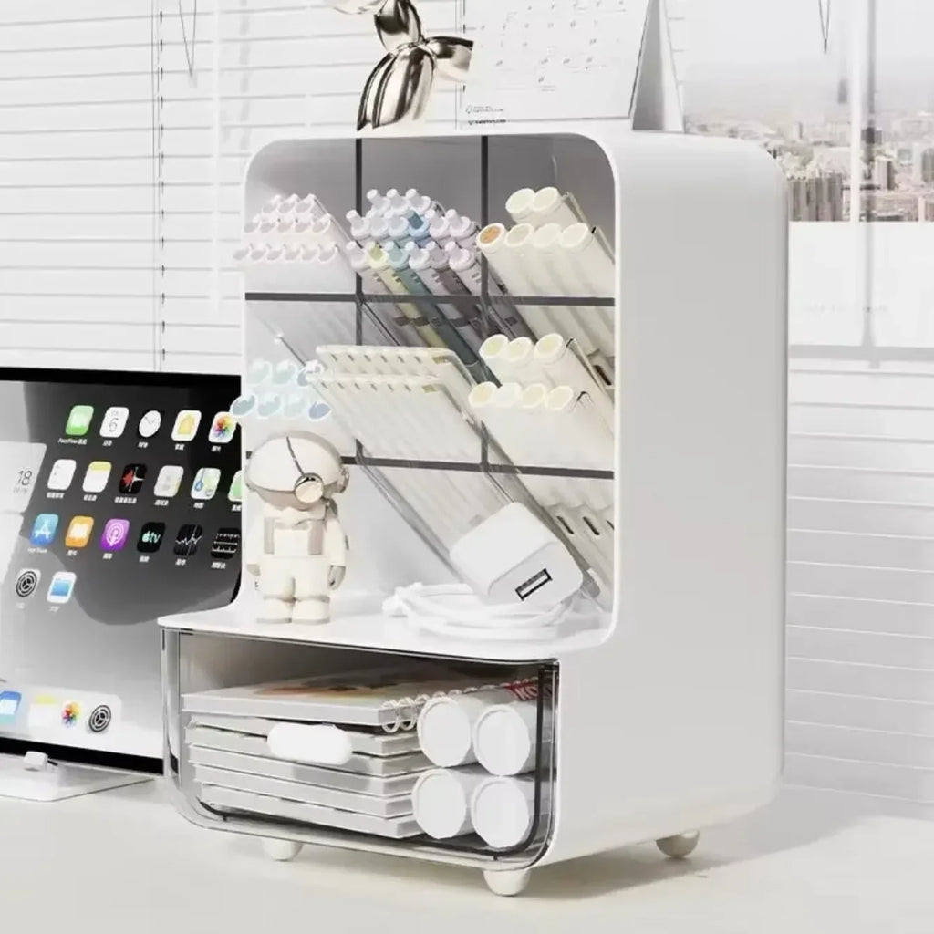 Beige desk pen organizer with front drawer and side compartments for pens