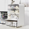 Beige desk pen organizer with front drawer and side compartments for pens