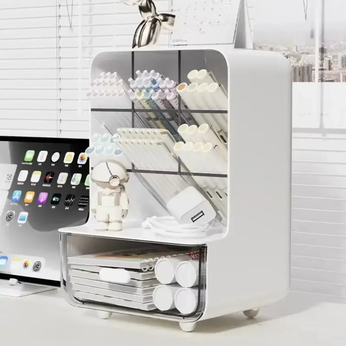 Beige desk pen organizer with front drawer and side compartments for pens