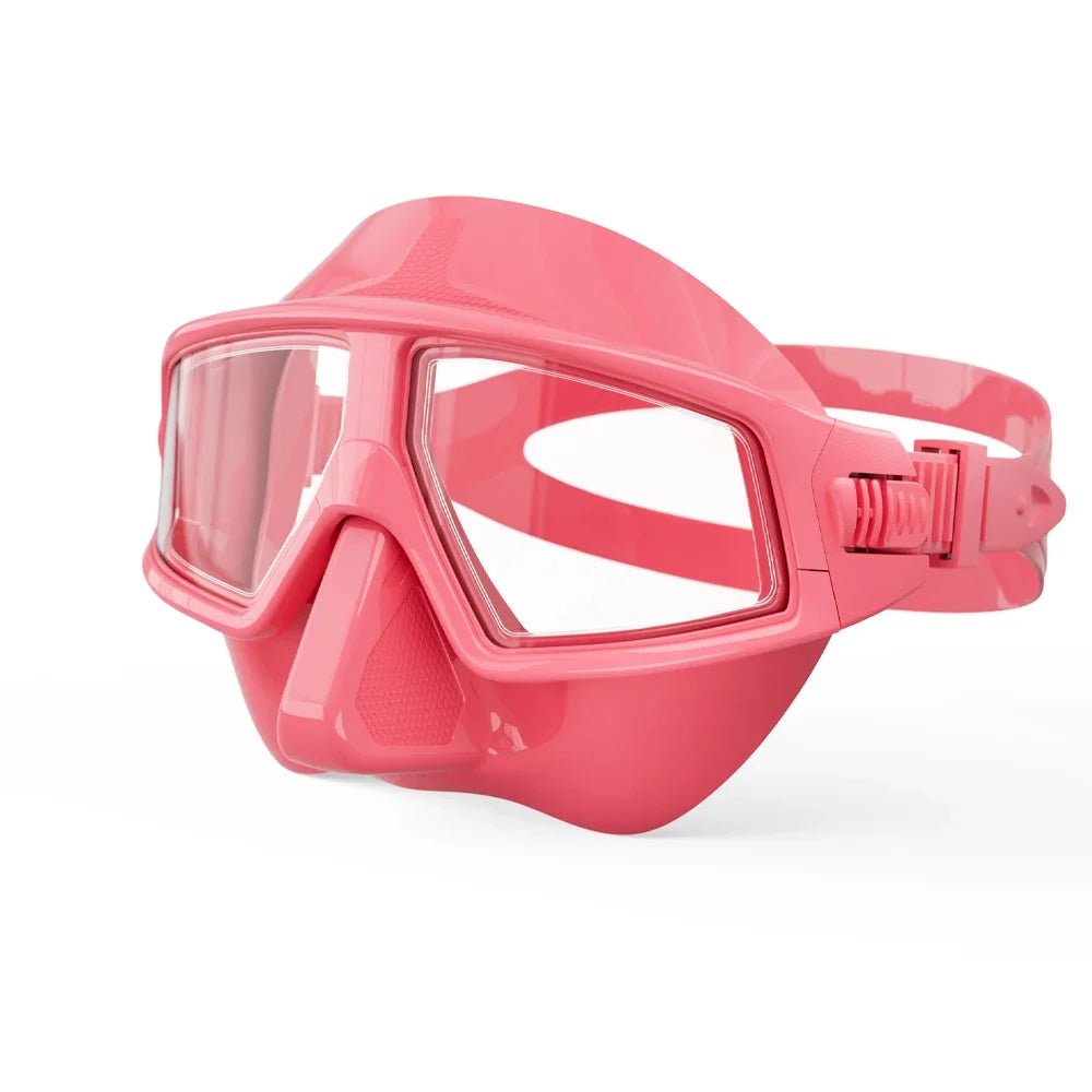 Pink silicone scuba diving mask goggles with tempered glass lenses and anti-fog design