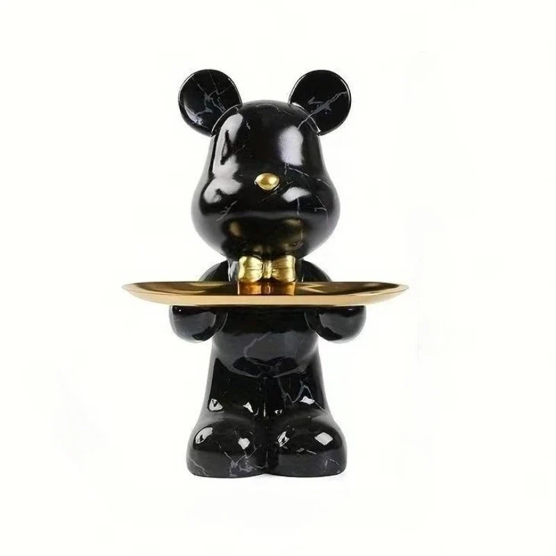 Black resin standing bear storage statue with gold tray, cute animal desk organizer