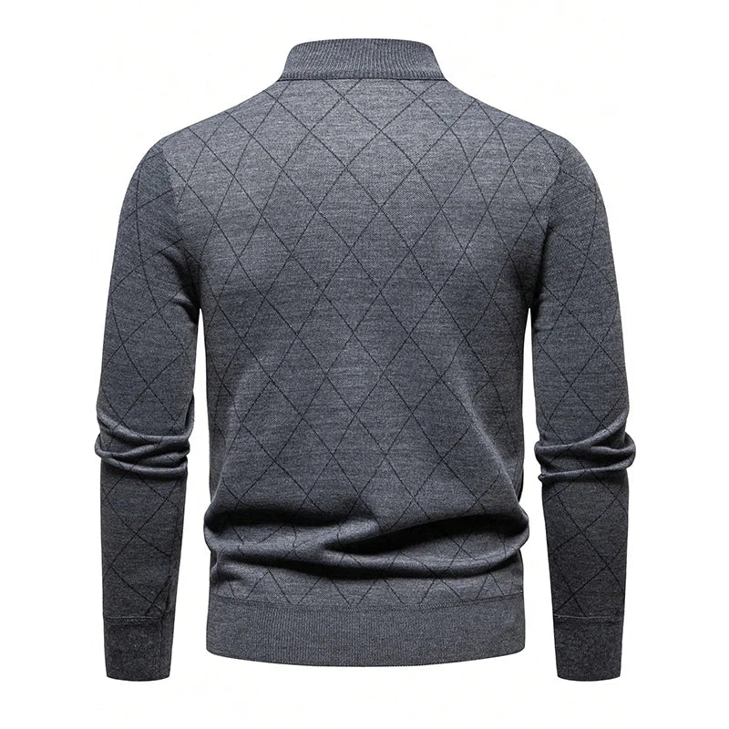 Men's half-zip knit sweater back view, dark gray diamond argyle pattern, ribbed hem
