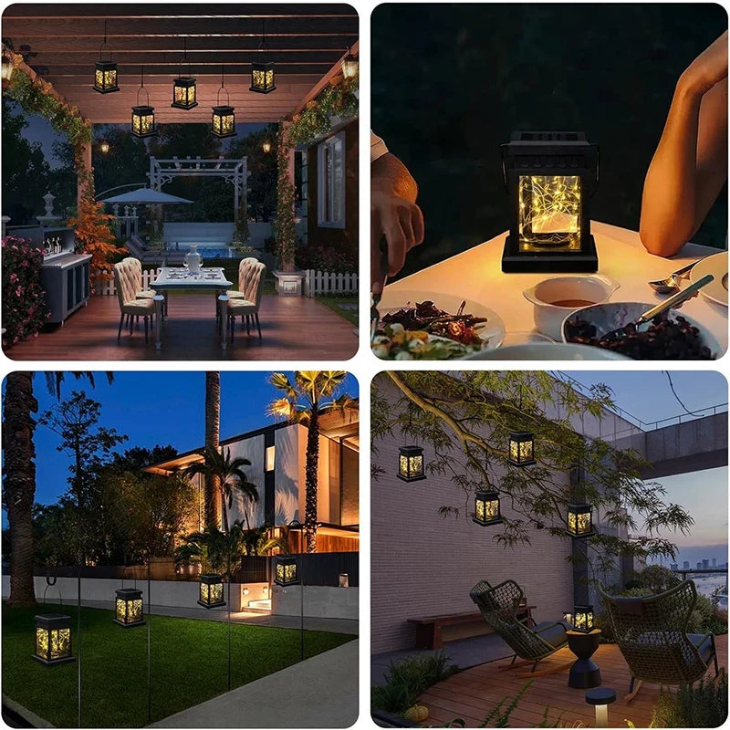 Four-panel view of black solar lanterns lighting a garden patio walkway and yard