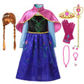 Ice Queen princess dress with pink cape overlay, blue skirt, and green embroidered front panel