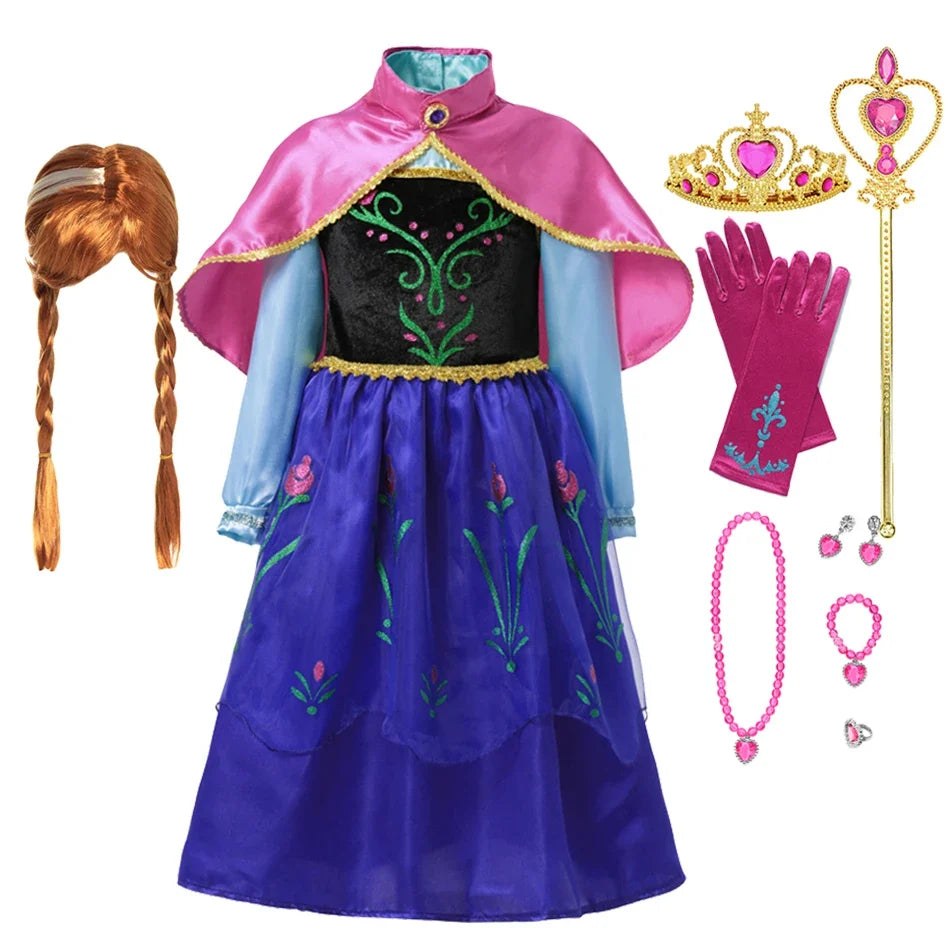 Ice Queen princess dress with pink cape overlay, blue skirt, and green embroidered front panel