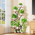 Black metal 8-tier plant stand with wooden shelves and trailing potted plants
