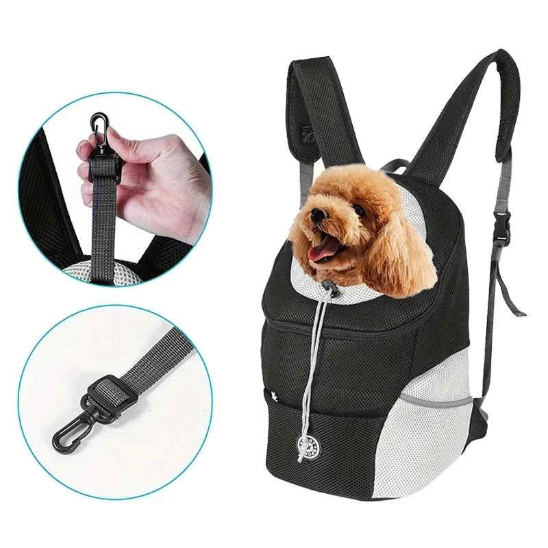 Black and gray breathable pet carrier backpack with side strap and carrying handle clips