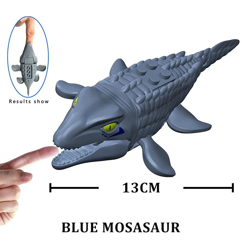 Blue Mosasaurus dinosaur building block figure with small green eye details