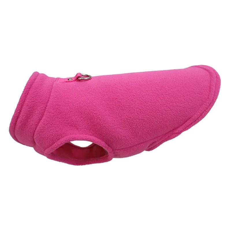 Pink fleece dog winter jacket with D-ring and front neck opening
