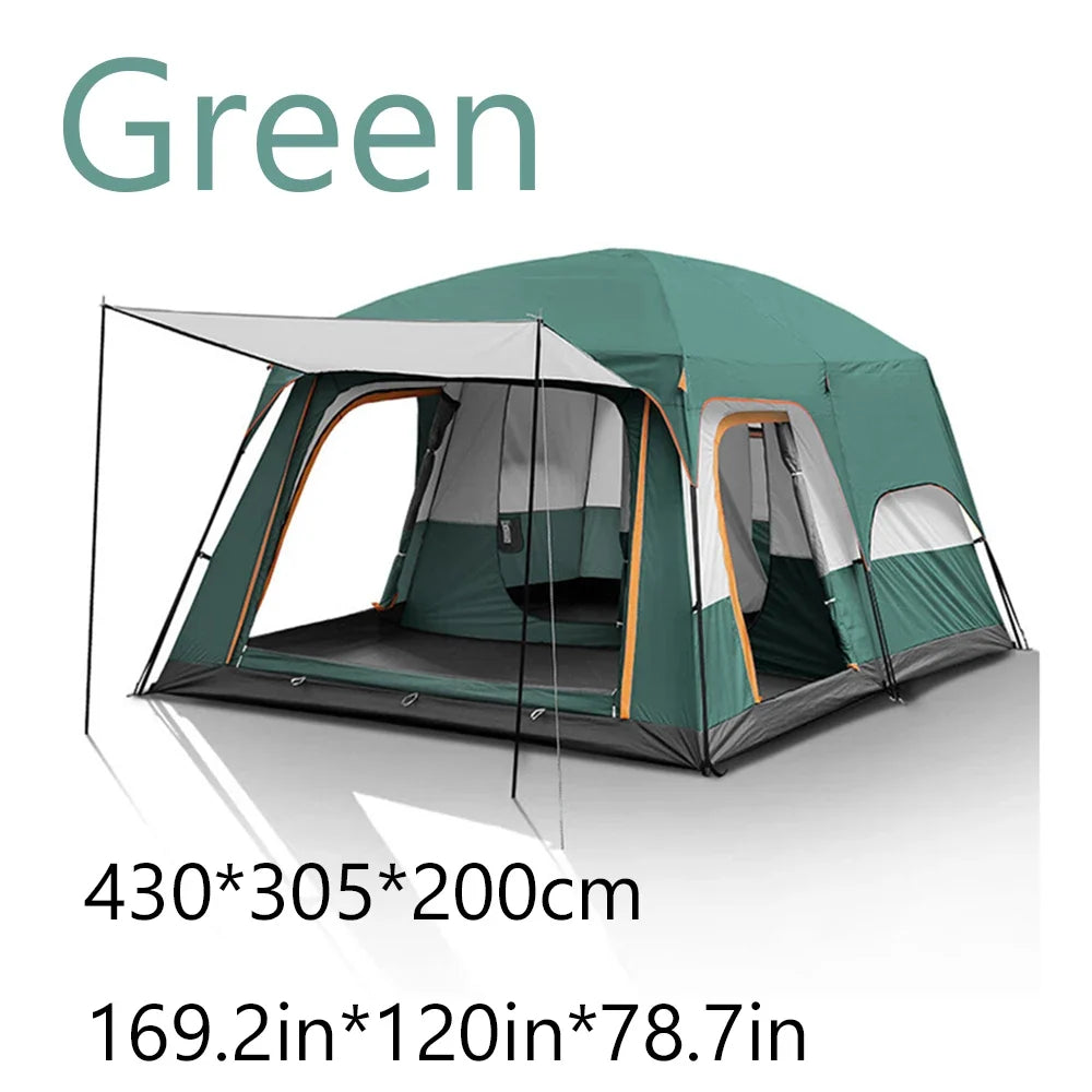 Green family camping tent with two-room layout, peaked roof, covered entrances