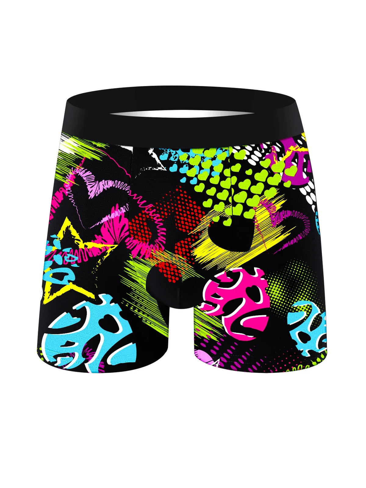 Men's boxer briefs with neon graffiti hearts and paw prints, black waistband