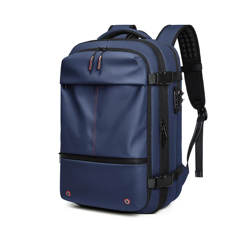 Blue 17-inch laptop backpack with front zip pocket, top handle, and padded shoulder straps