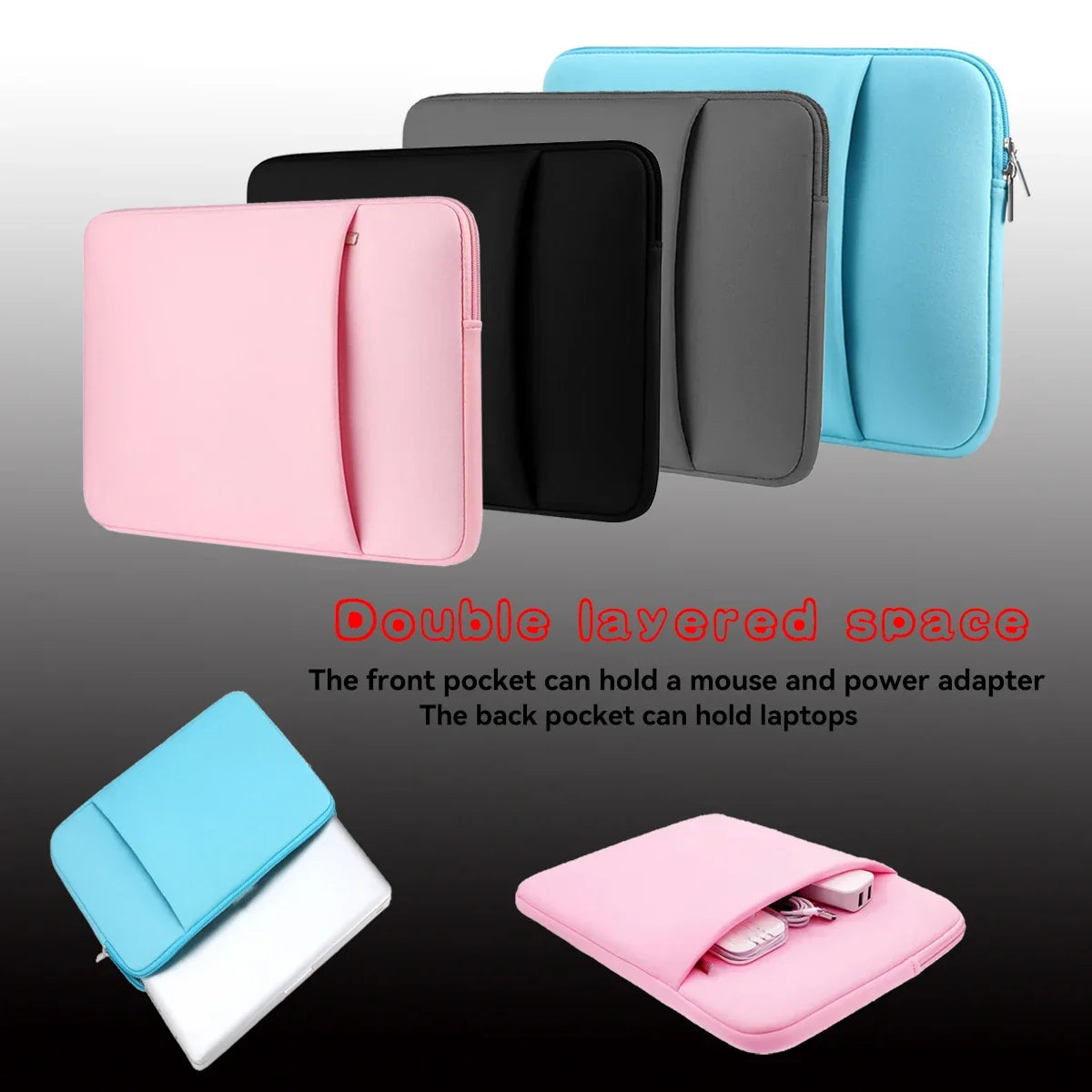 Double-layer laptop inner bag with front pocket, padded protective sleeve in multiple colors