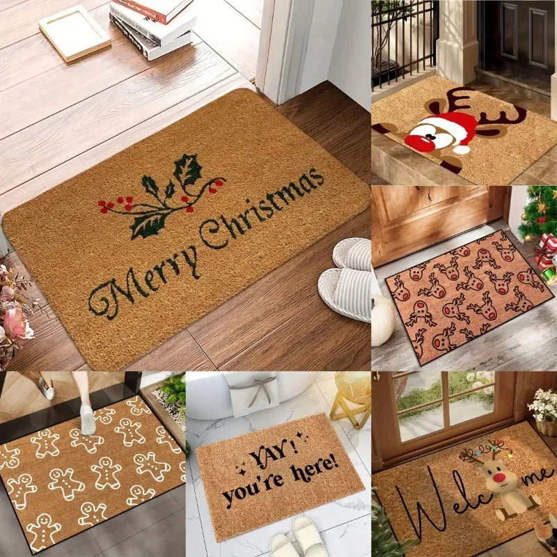 Cork-brown doormat with “Merry Christmas” text and holly flower design