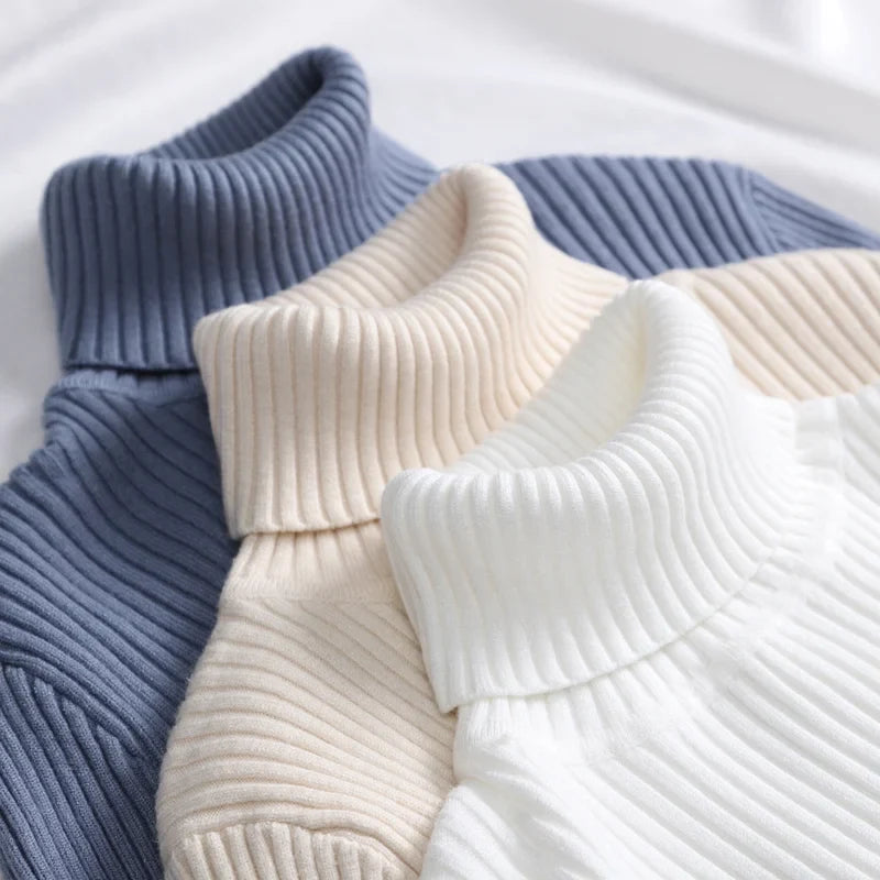 Women’s ribbed turtleneck sweaters, white and slate blue-gray, knitted knit pullover