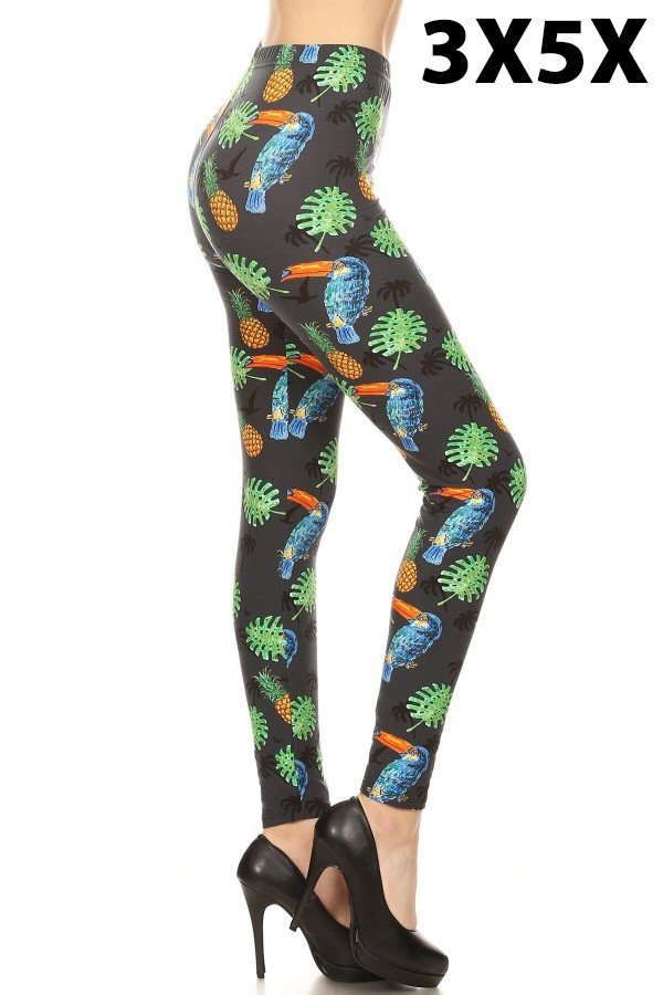 3X5X plus size ankle leggings with black tropical toucan and pineapple print