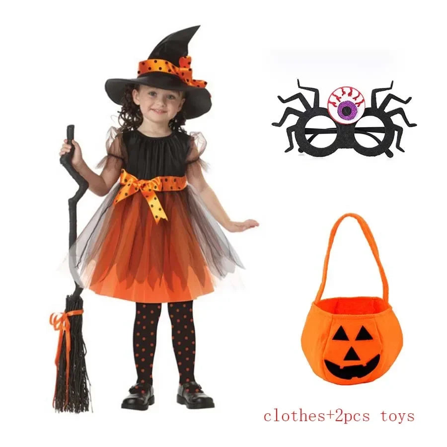 Kids Halloween witch costume with black hat, orange tutu skirt, and striped stockings