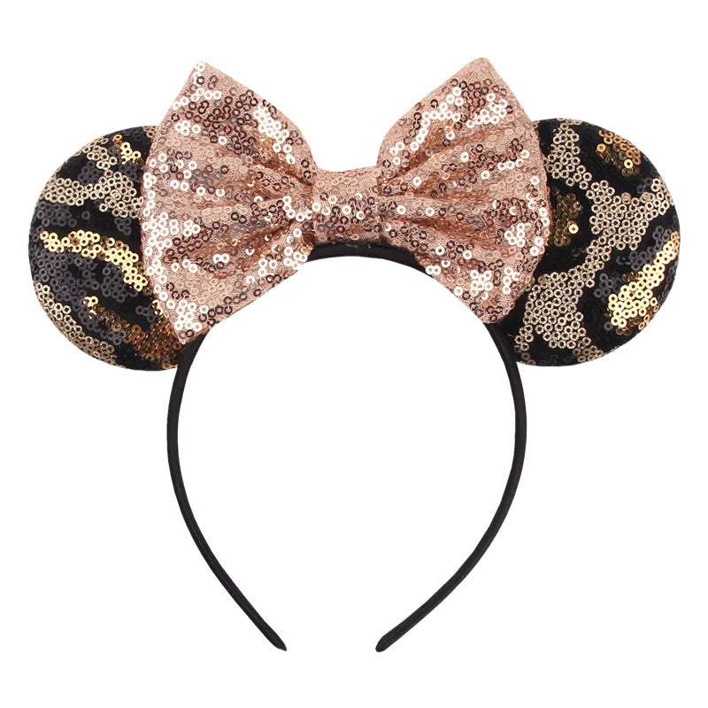Leopard sequin Mickey ears headband with pink sequin bow
