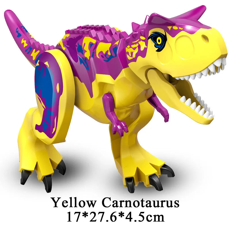 Yellow carnivorous dinosaur building block figure with purple markings and open teeth
