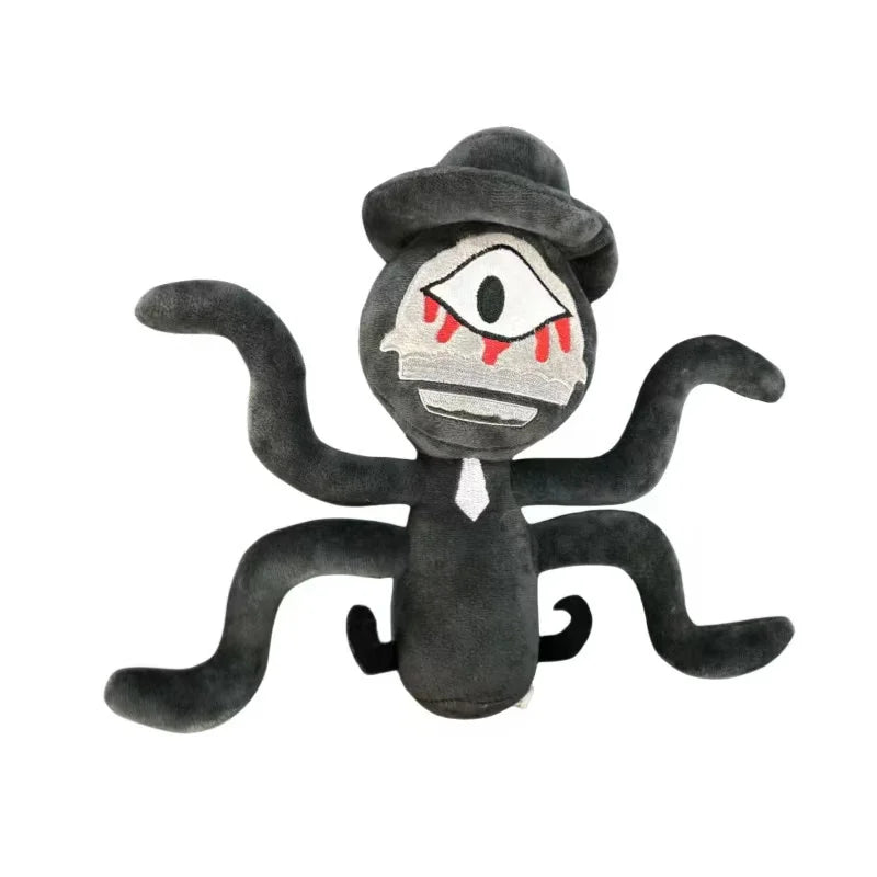 Black and gray plush cartoon character doll with red mouth, soft stuffed toy