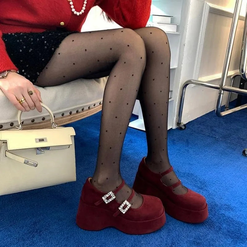 Wine red suede platform Mary Jane wedge shoes with square buckle straps