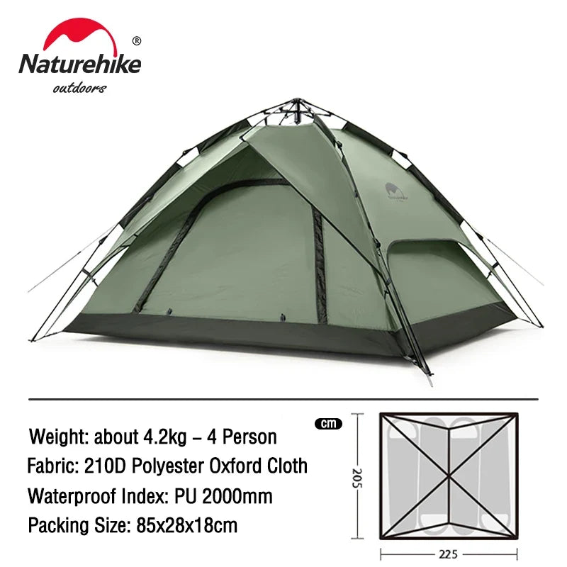 Dark green 4-person dome tent with arched doorway, mesh panels, and black rainfly base