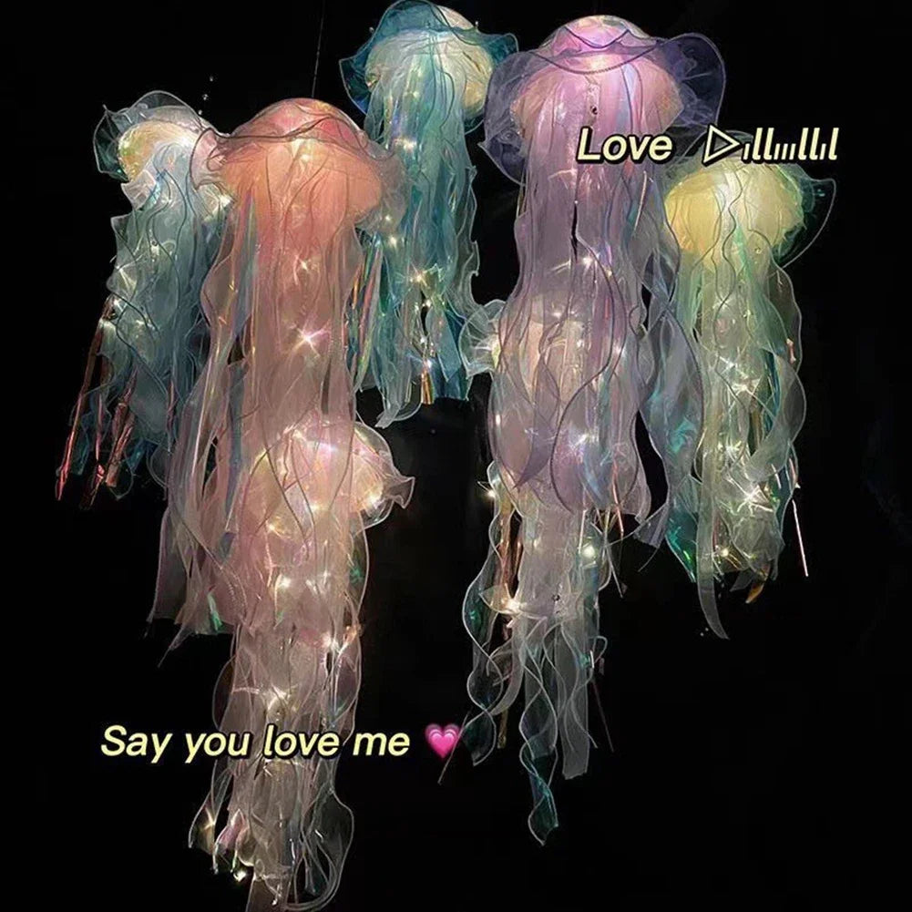 Jellyfish lantern hanging lamps cluster with glowing pastel blue, pink, and green