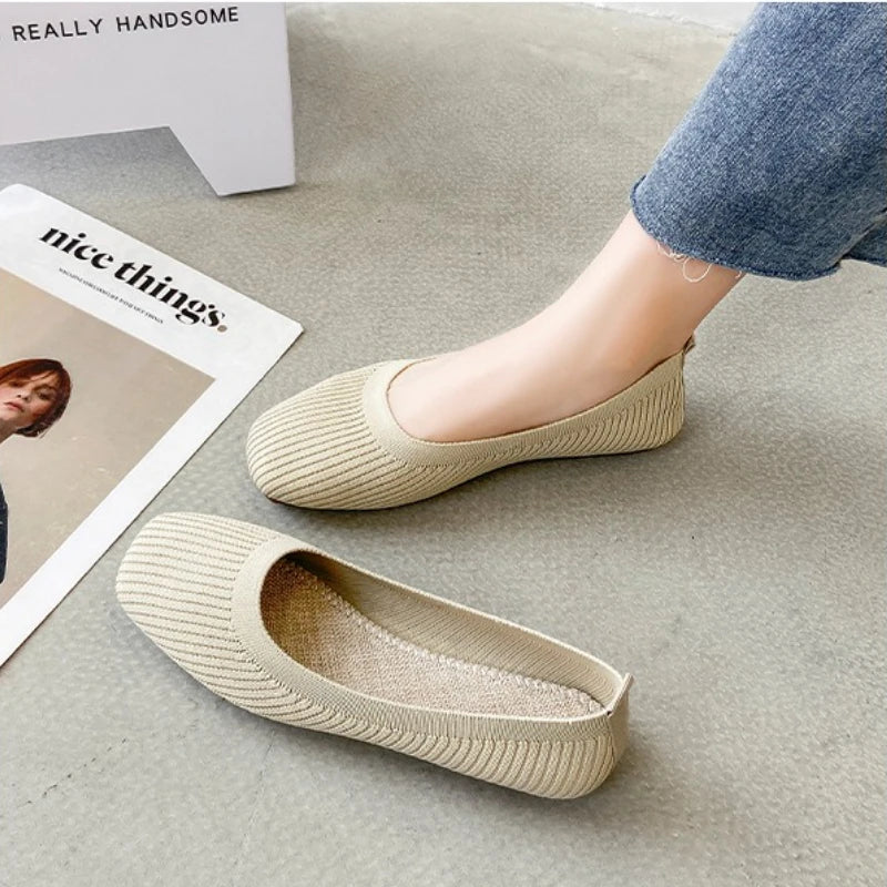 Women's beige knit flats, slip-on square toe with low platform sole