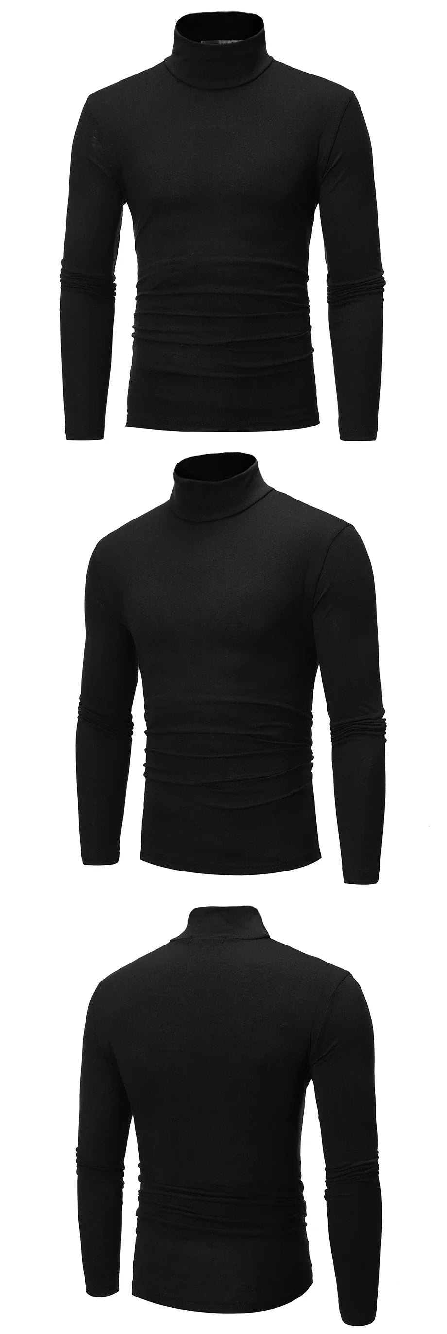 Black slim-fit thermal shirt with high neck, long sleeves; front and back views