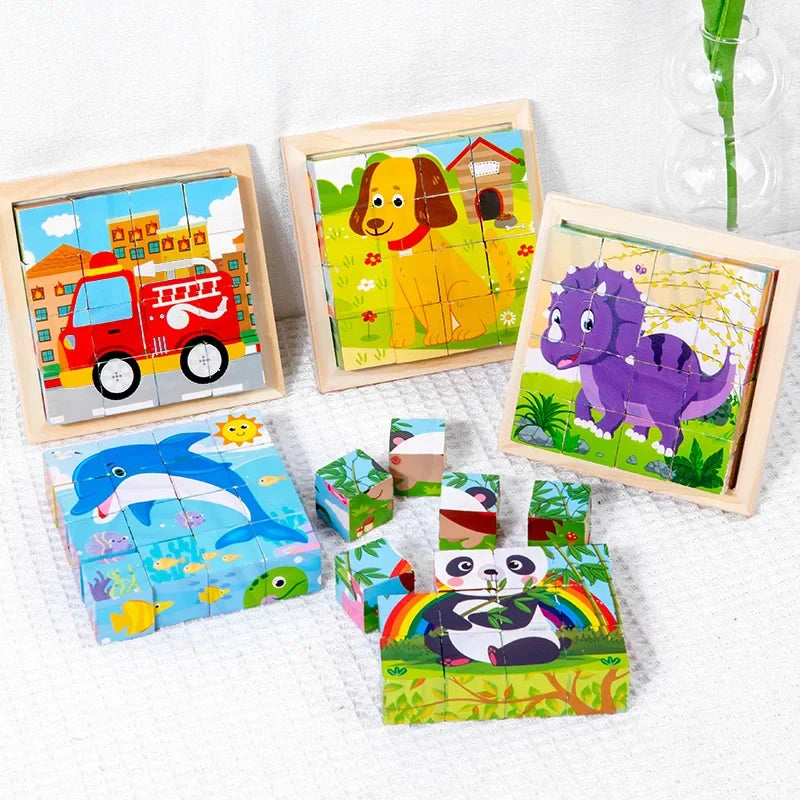 Wooden animal matching puzzle blocks set with jungle animal frames and one loose piece