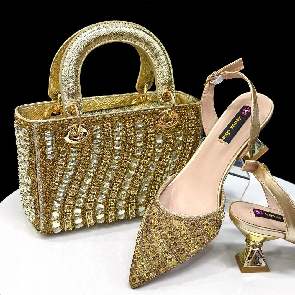 Ladies shoes and matching beaded set with gold slingback heels and gold jeweled tote