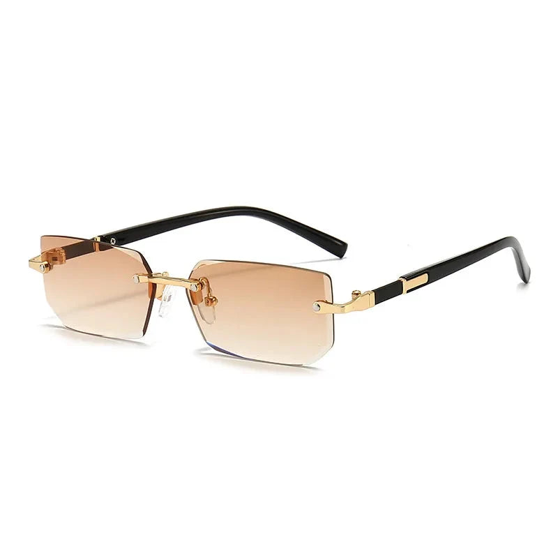 Rimless square sunglasses with clear beige lenses, black arms, and gold frame details.