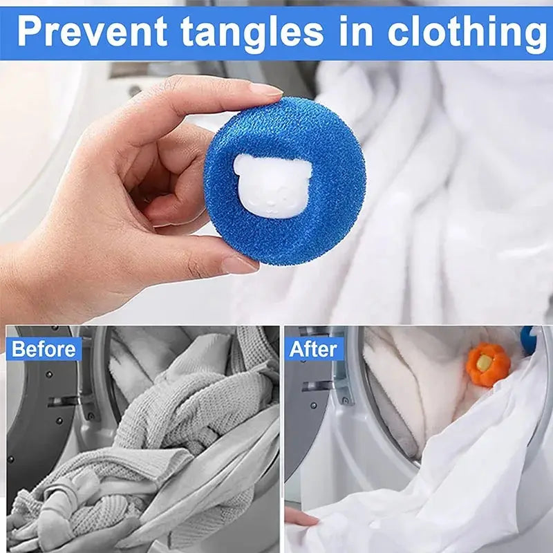 Blue plush bear laundry hair remover ball held in hand