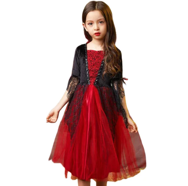 Girls vampire tutu dress, black bodice with red lace panel and red tulle skirt