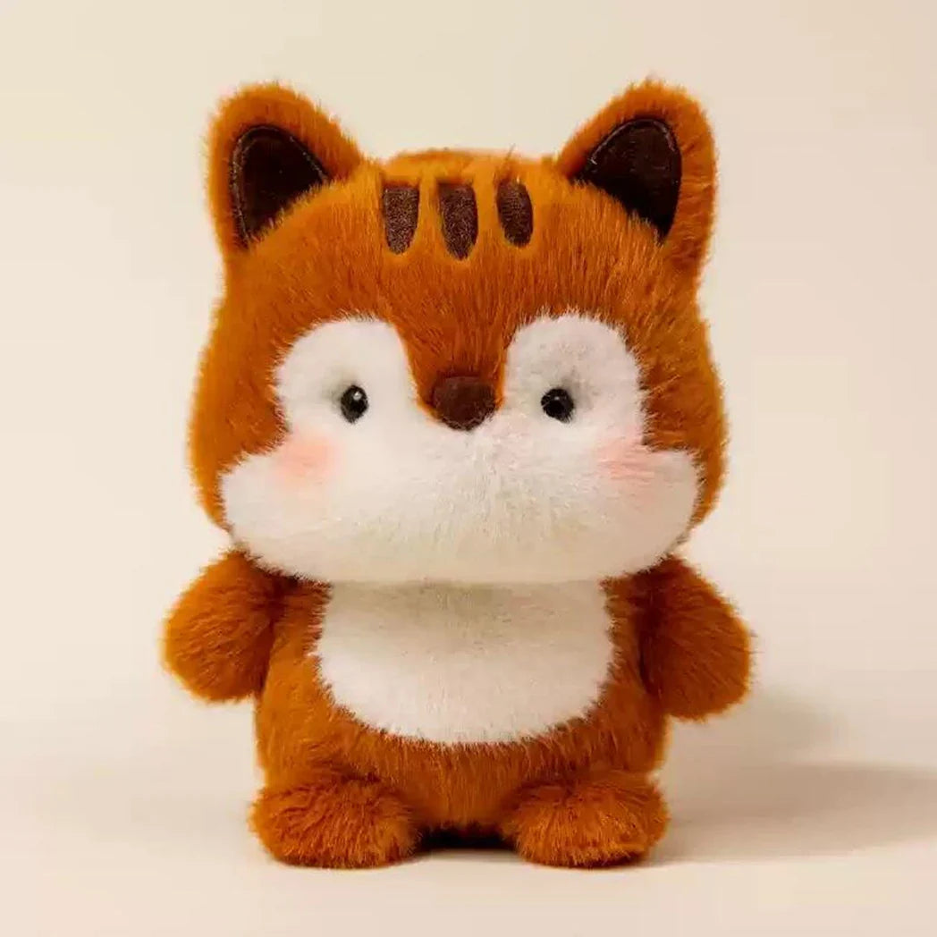 15cm plush fox doll, orange fur with white muzzle and dark stitched eyes