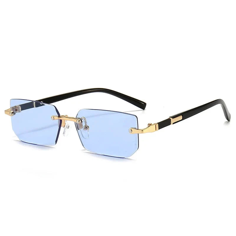 Rimless rectangle sunglasses with light blue lenses, black arms, gold hardware