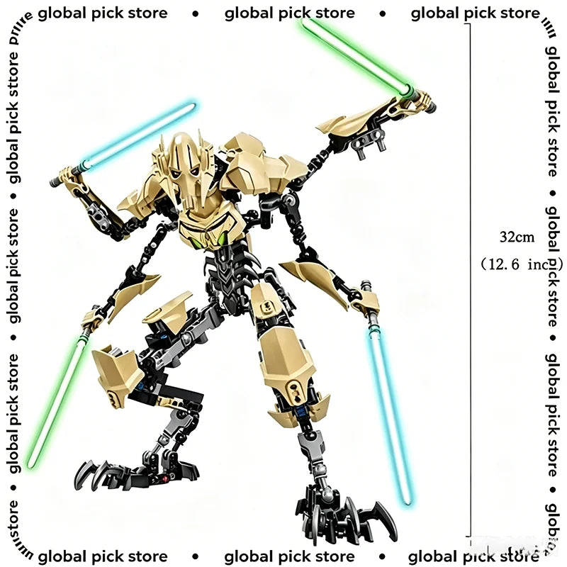 Buildable robot action figure in black and tan armor, holding two glowing light sabers