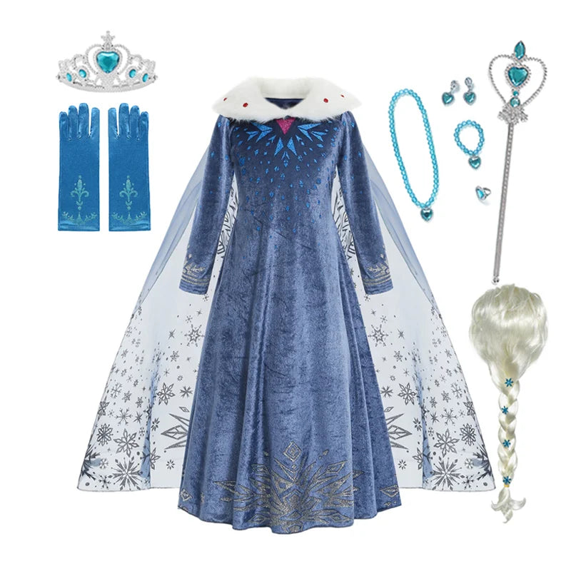 Girls long-sleeve blue princess dress with white fur collar and sheer snowy overlay skirt