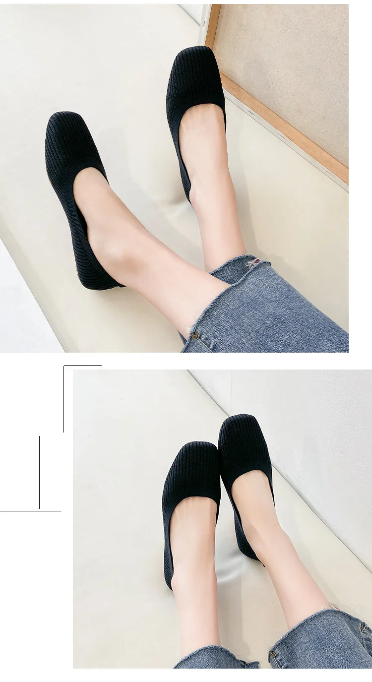 Women’s black knitted square-toe slip-on flat loafers with breathable lining