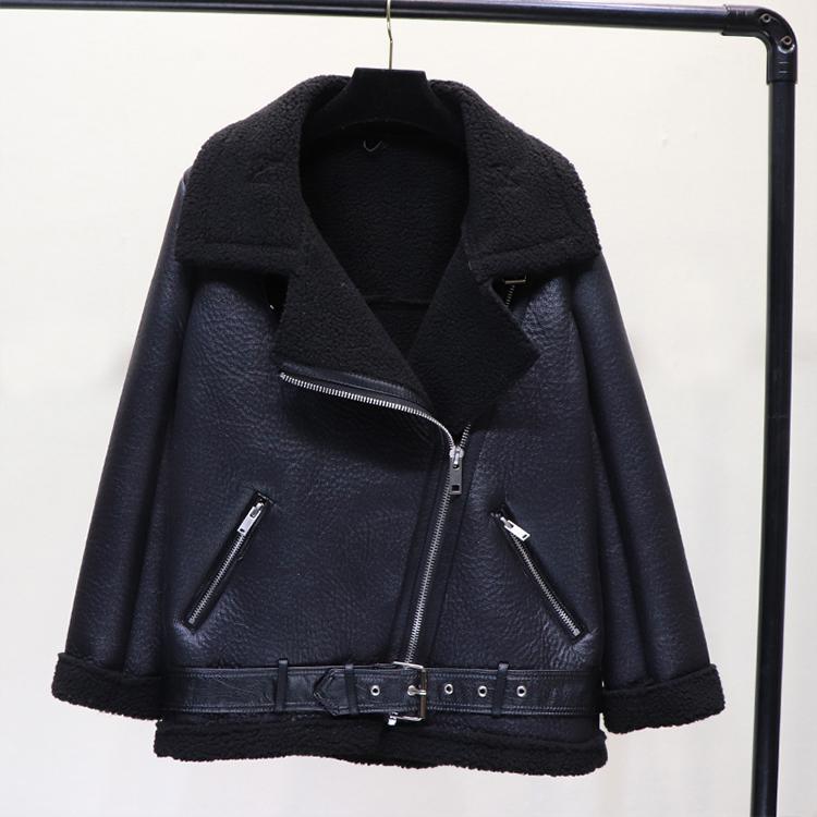 Black faux lamb leather moto jacket with shearling lining and front dual zip pockets
