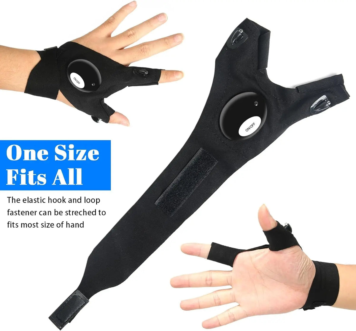 Black fingerless LED flashlight glove set with adjustable hook-and-loop strap