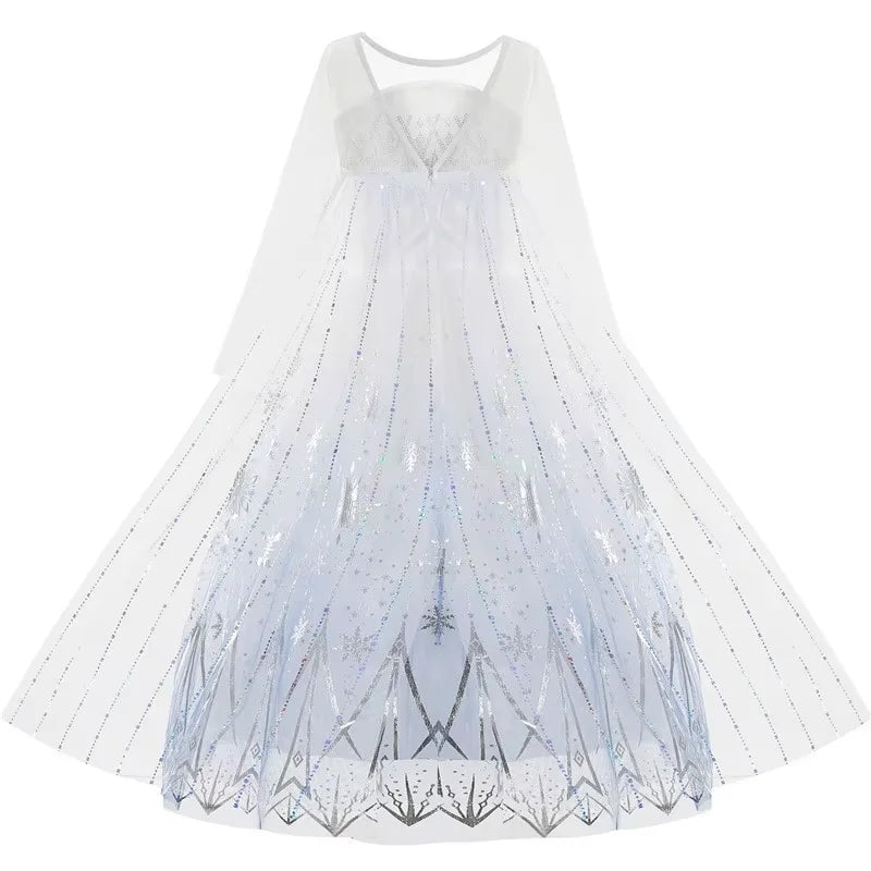 Girls white tulle flare dress with blue snowflake and dotted sparkle pattern