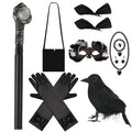 Black cosplay accessories: gloves, bow, face mask, beaded necklace, raven