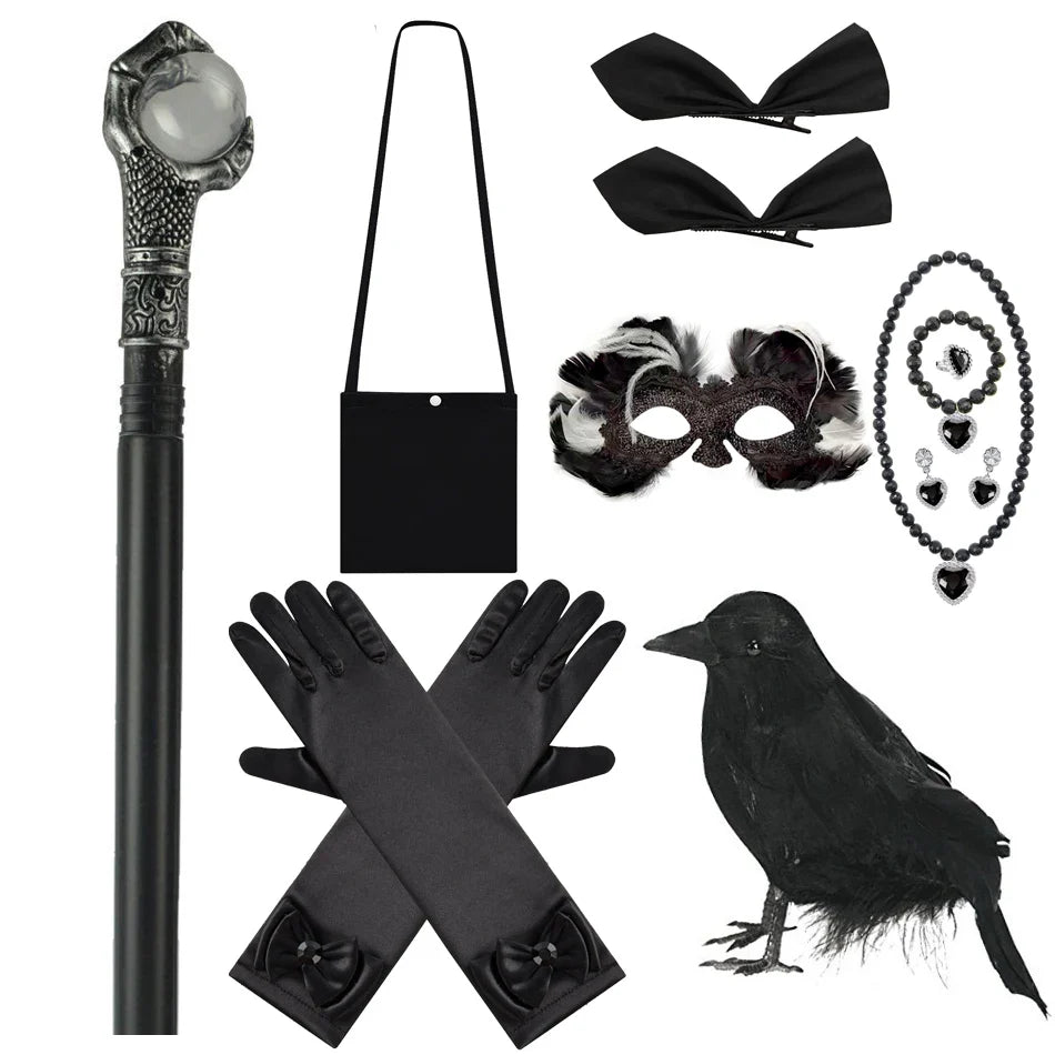 Black cosplay accessories: gloves, bow, face mask, beaded necklace, raven