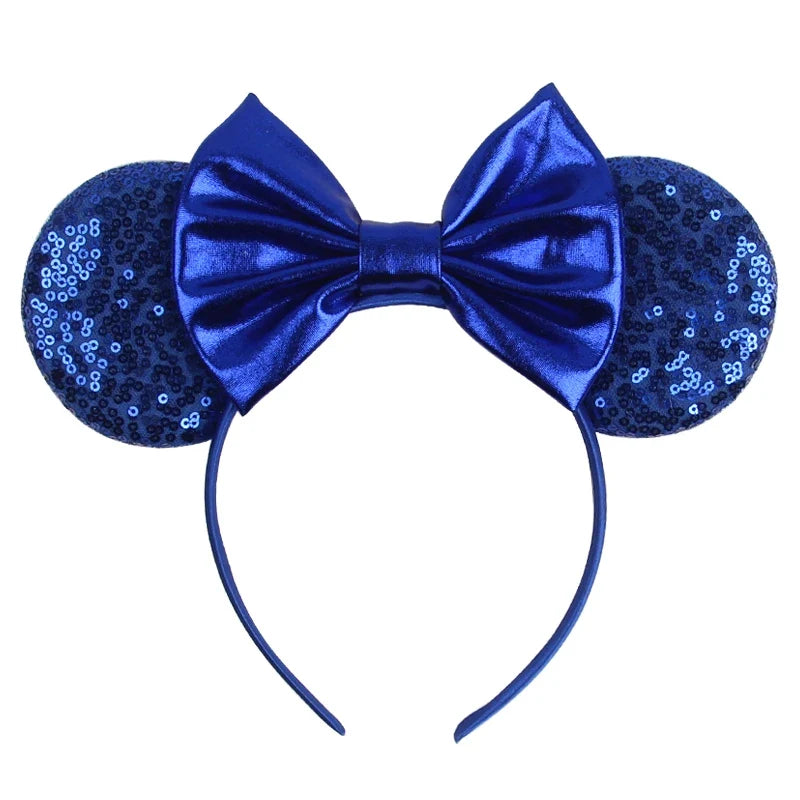 Blue sequin Mickey ears headband with royal blue satin bow