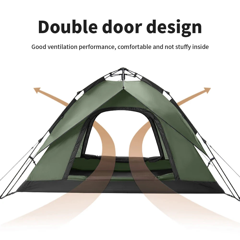Dark green automatic tent with double door opening and ventilation mesh panels